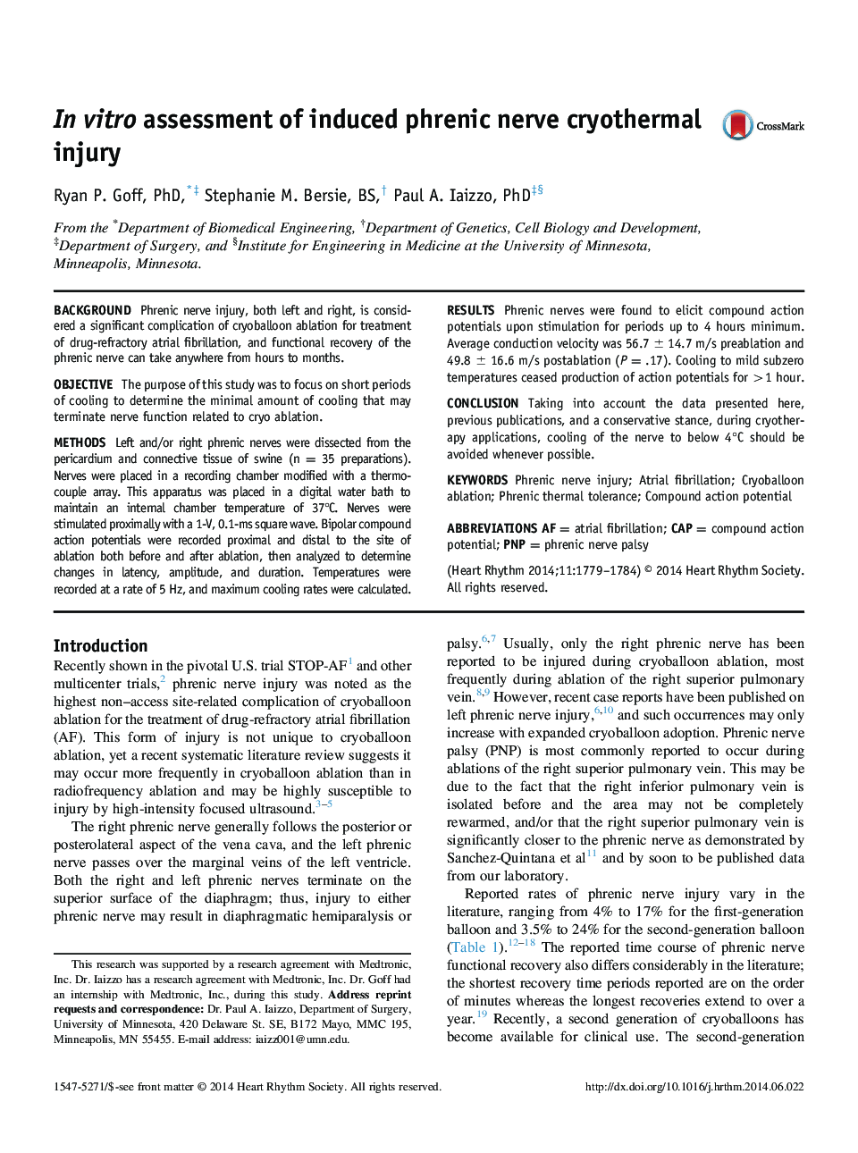 In vitro assessment of induced phrenic nerve cryothermal injury 