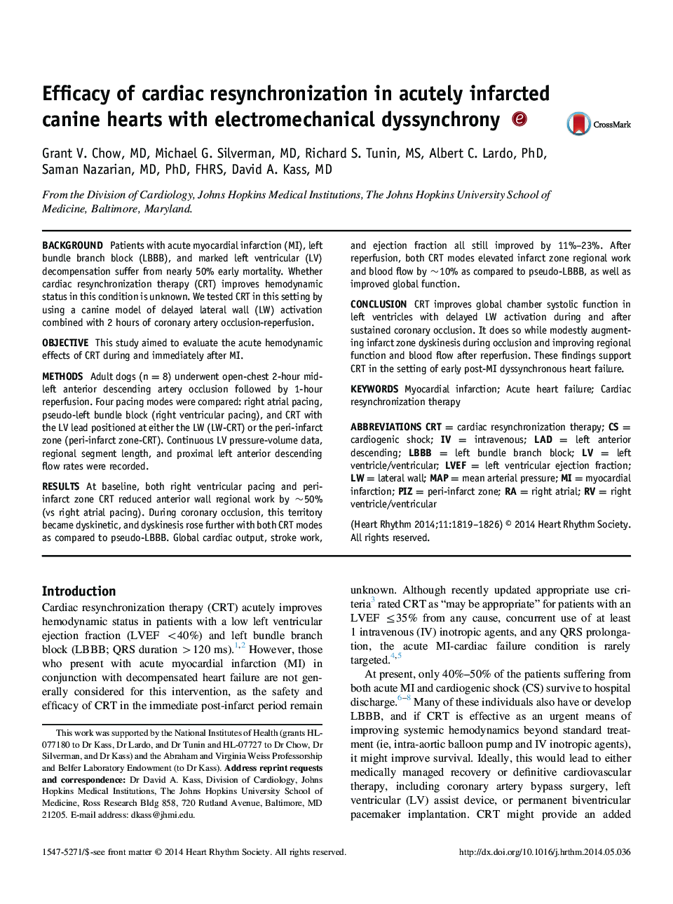 Efficacy of cardiac resynchronization in acutely infarcted canine hearts with electromechanical dyssynchrony 