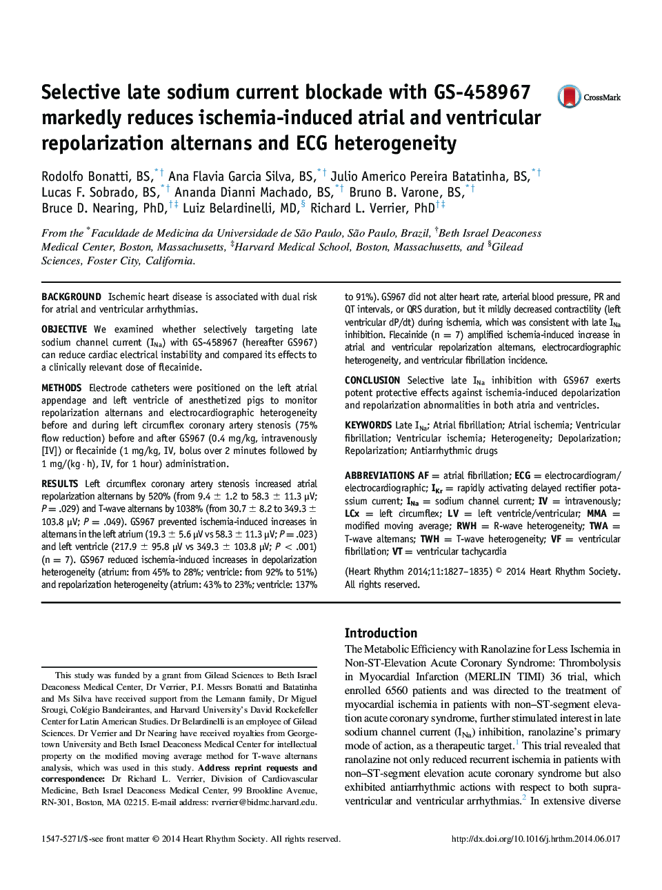 Selective late sodium current blockade with GS-458967 markedly reduces ischemia-induced atrial and ventricular repolarization alternans and ECG heterogeneity 