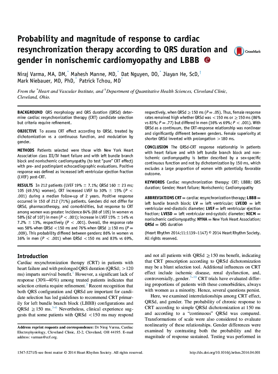 Probability and magnitude of response to cardiac resynchronization therapy according to QRS duration and gender in nonischemic cardiomyopathy and LBBB