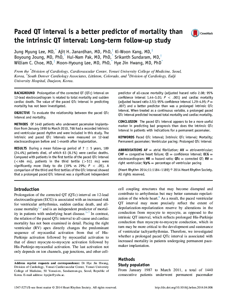 Paced QT interval is a better predictor of mortality than the intrinsic QT interval: Long-term follow-up study