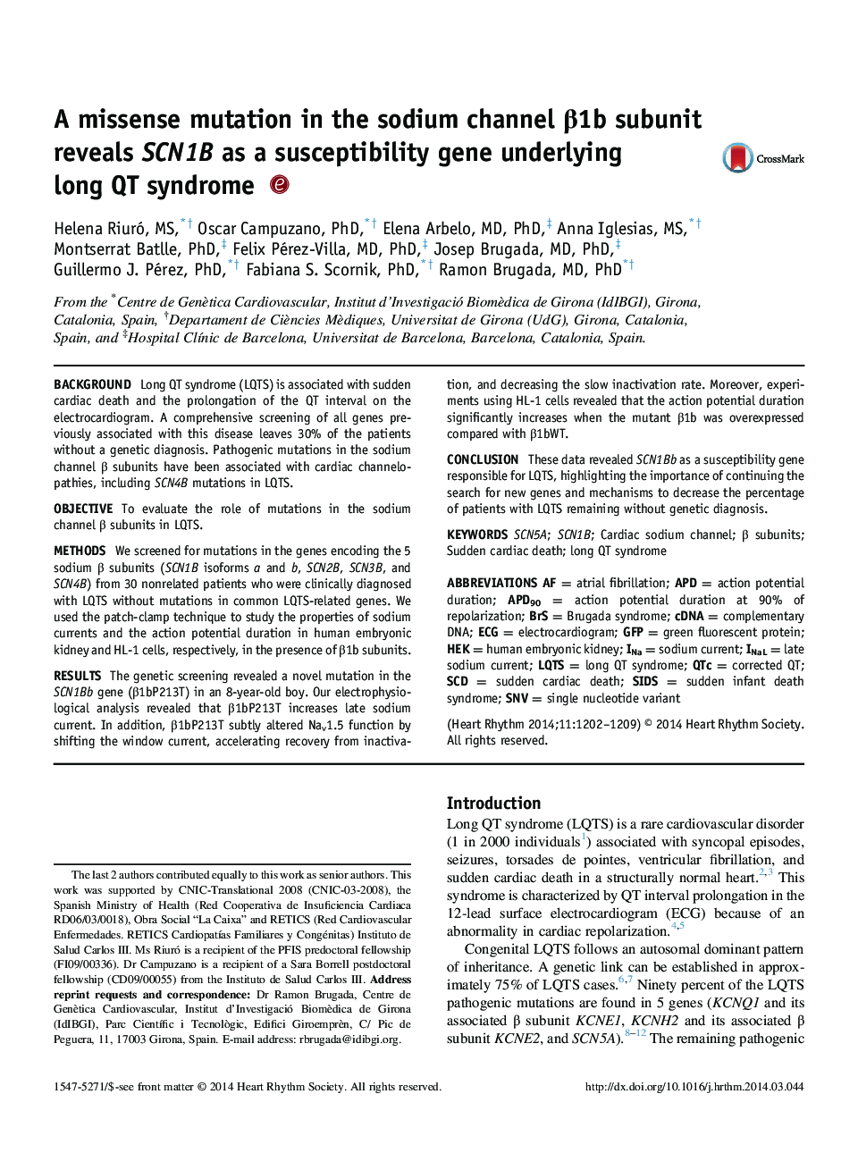 A missense mutation in the sodium channel β1b subunit reveals SCN1B as a susceptibility gene underlying long QT syndrome 