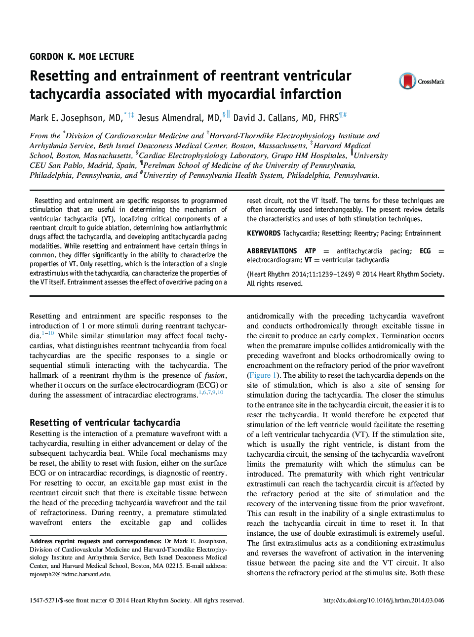Resetting and entrainment of reentrant ventricular tachycardia associated with myocardial infarction