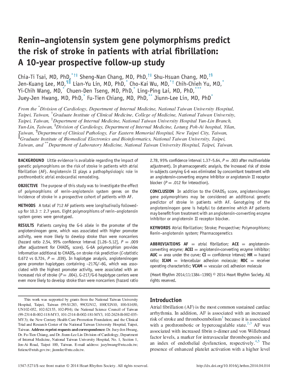 Renin–angiotensin system gene polymorphisms predict the risk of stroke in patients with atrial fibrillation: A 10-year prospective follow-up study 