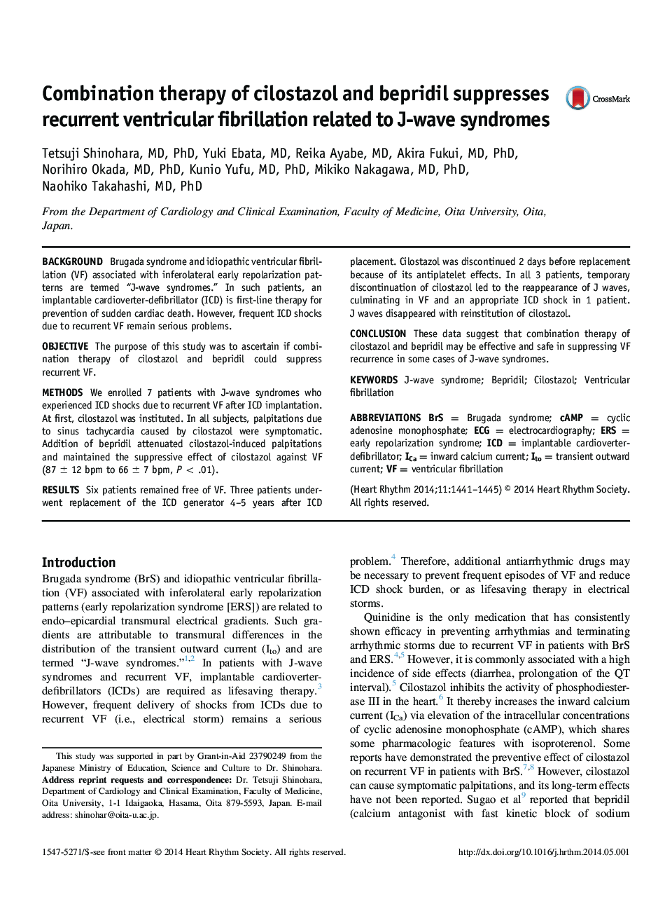 Combination therapy of cilostazol and bepridil suppresses recurrent ventricular fibrillation related to J-wave syndromes 