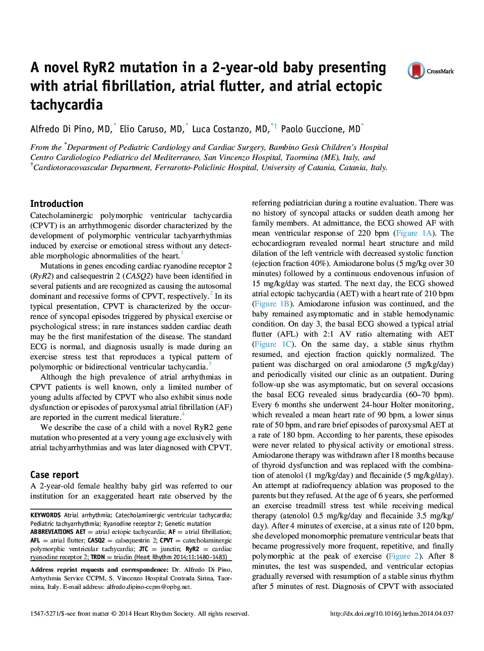 A novel RyR2 mutation in a 2-year-old baby presenting with atrial fibrillation, atrial flutter, and atrial ectopic tachycardia