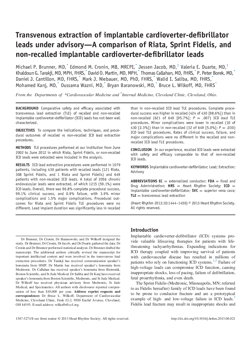 Transvenous extraction of implantable cardioverter-defibrillator leads under advisory—A comparison of Riata, Sprint Fidelis, and non-recalled implantable cardioverter-defibrillator leads 