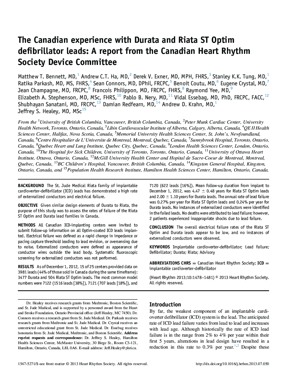 The Canadian experience with Durata and Riata ST Optim defibrillator leads: A report from the Canadian Heart Rhythm Society Device Committee 