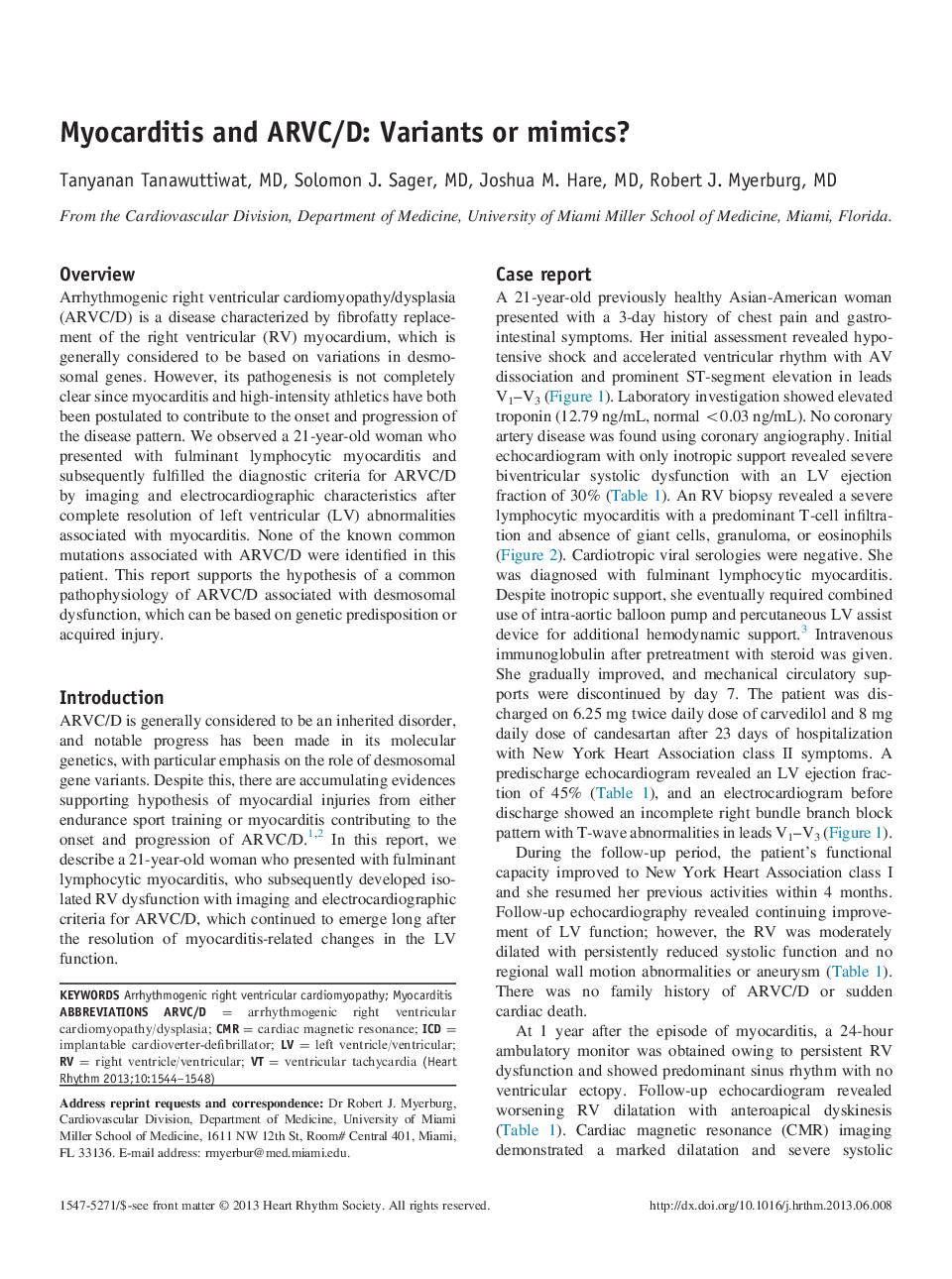 Myocarditis and ARVC/D: Variants or mimics?