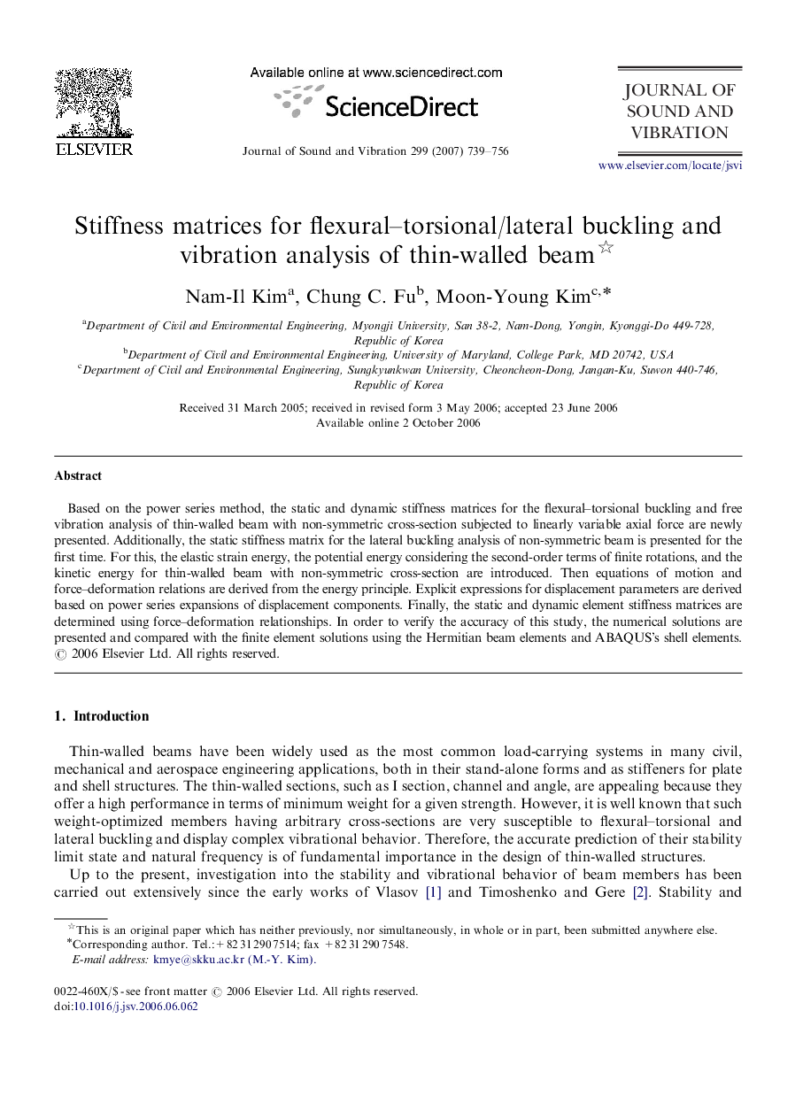 Stiffness matrices for flexural–torsional/lateral buckling and vibration analysis of thin-walled beam 