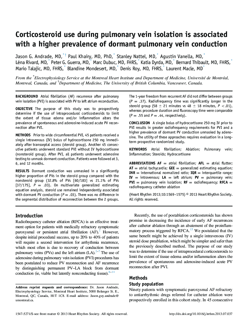 Corticosteroid use during pulmonary vein isolation is associated with a higher prevalence of dormant pulmonary vein conduction