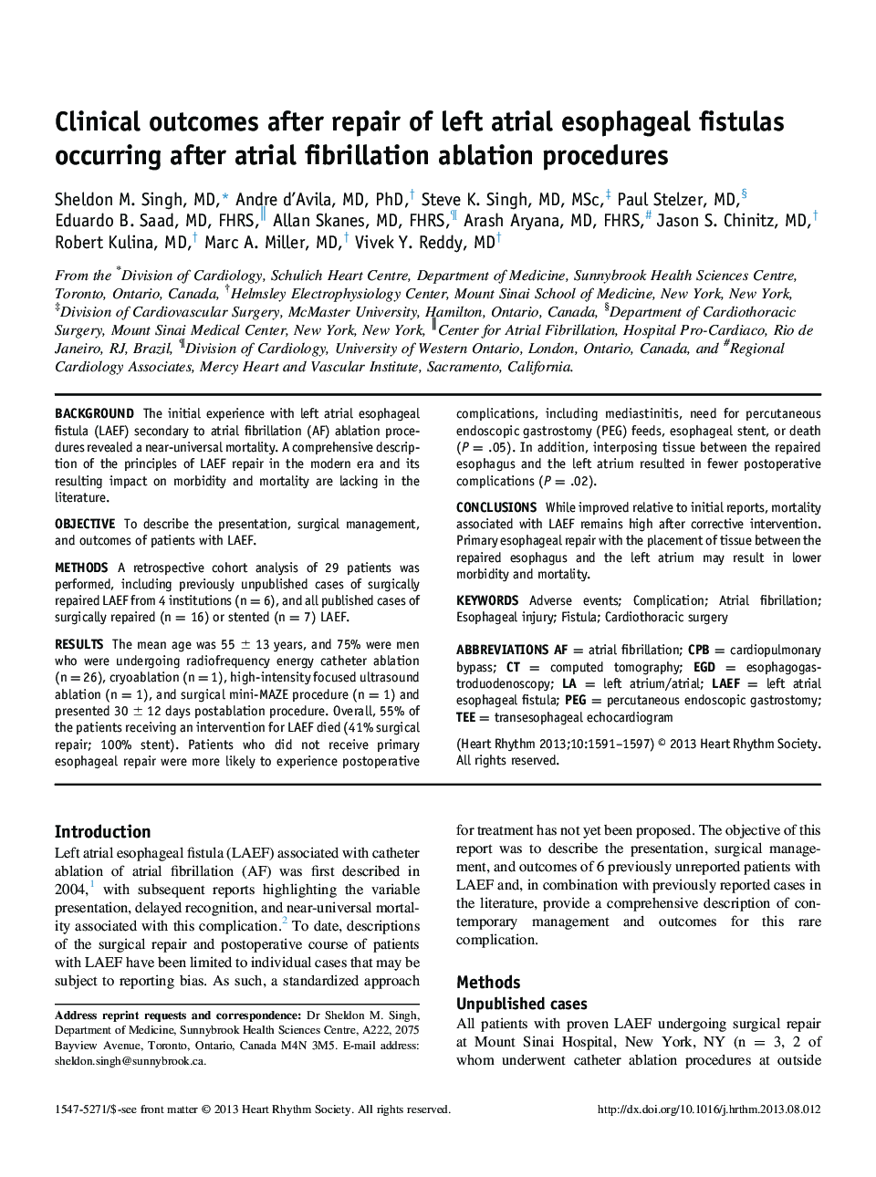 Clinical outcomes after repair of left atrial esophageal fistulas occurring after atrial fibrillation ablation procedures