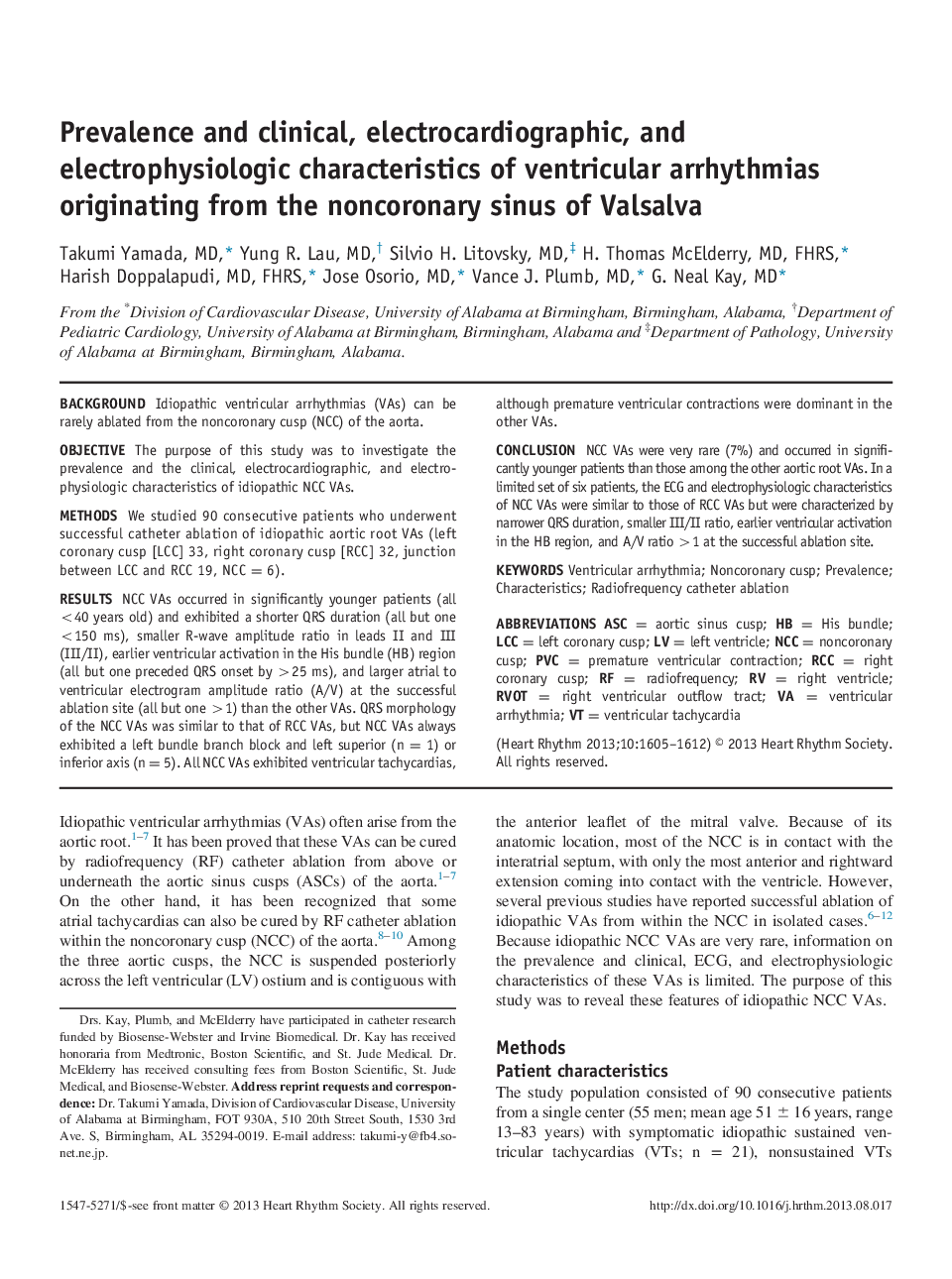 Prevalence and clinical, electrocardiographic, and electrophysiologic characteristics of ventricular arrhythmias originating from the noncoronary sinus of Valsalva 