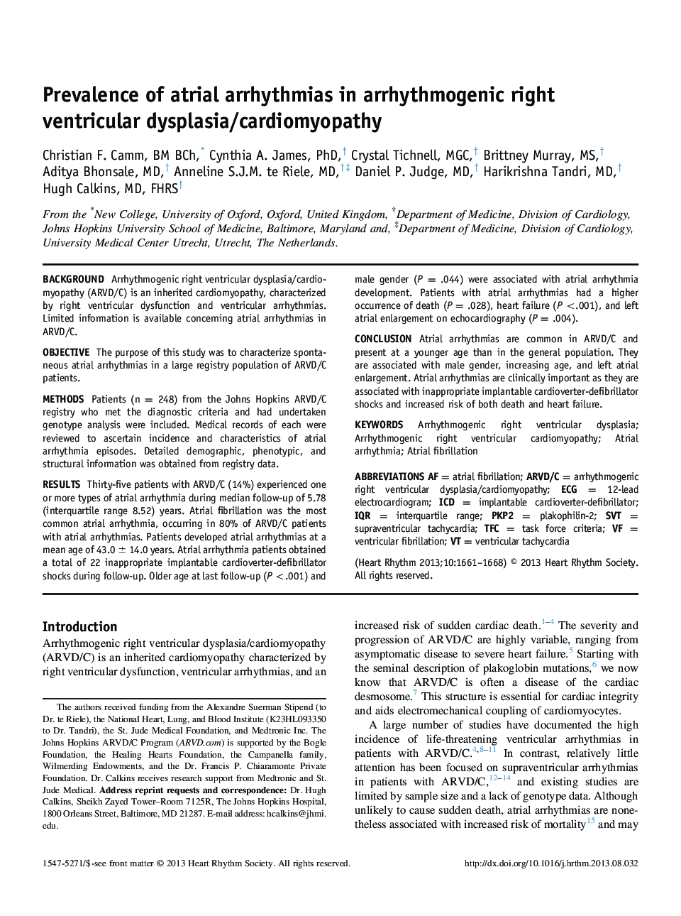 Prevalence of atrial arrhythmias in arrhythmogenic right ventricular dysplasia/cardiomyopathy 