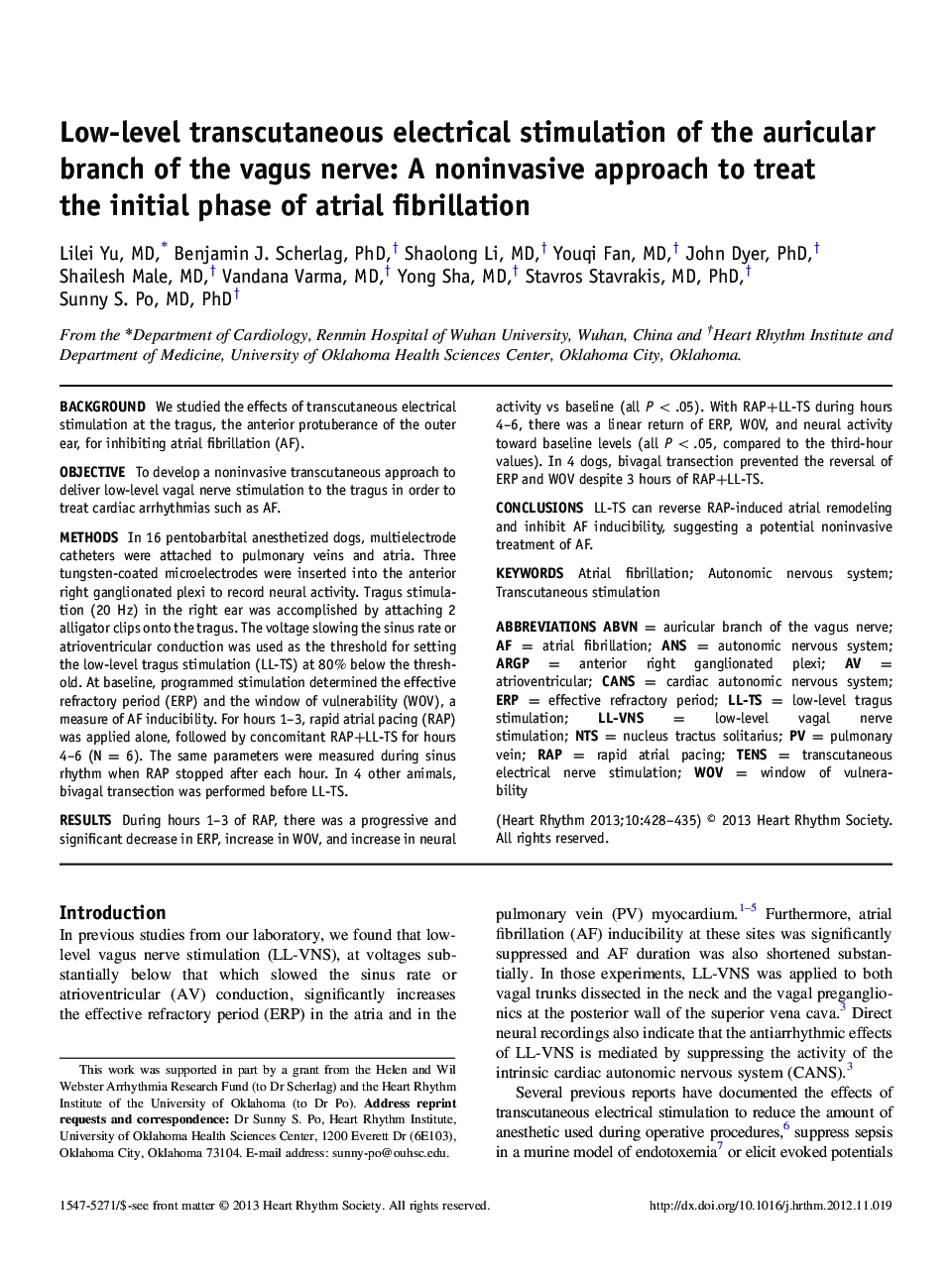 Low-level transcutaneous electrical stimulation of the auricular branch of the vagus nerve: A noninvasive approach to treat the initial phase of atrial fibrillation 