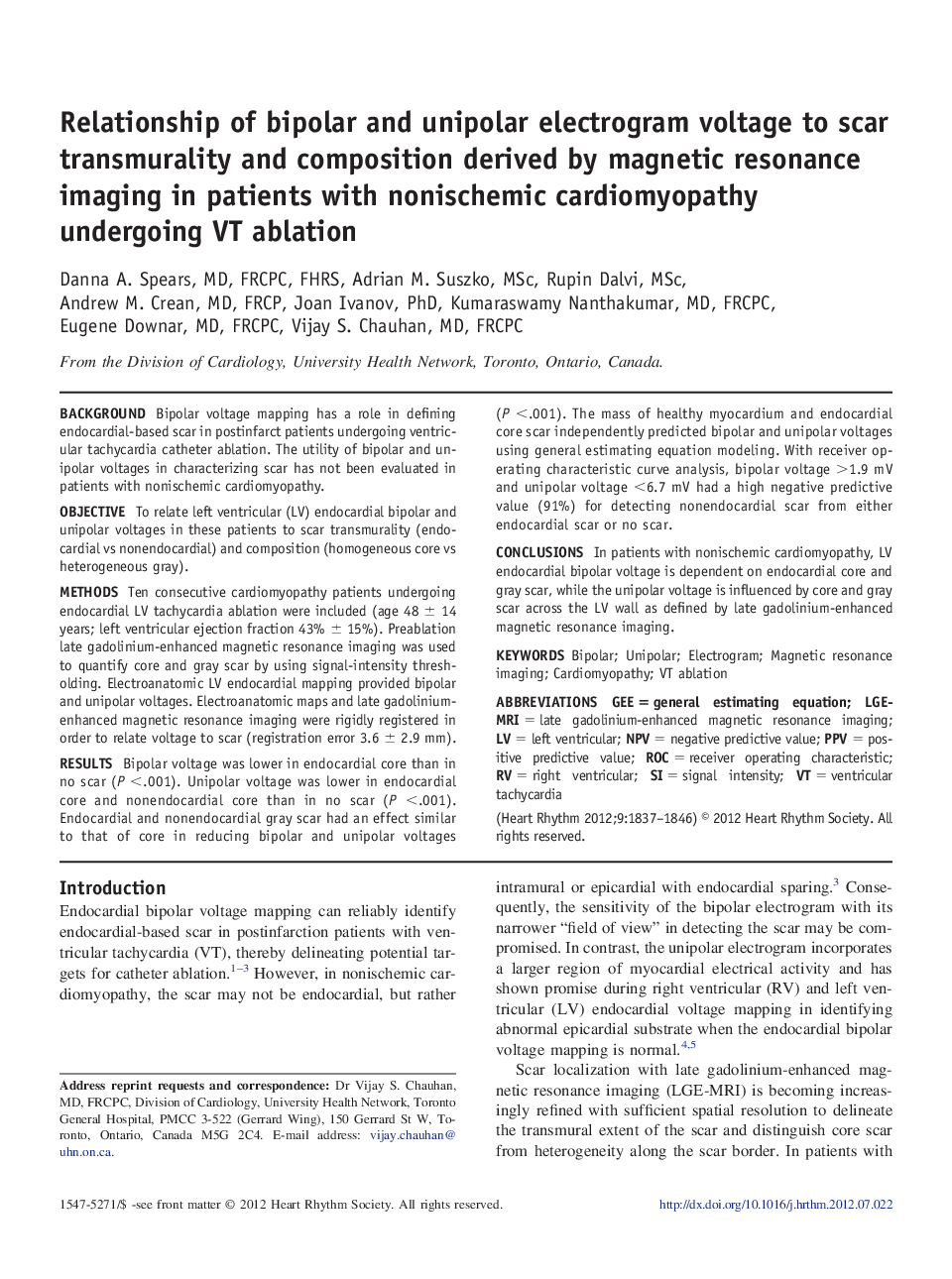 Relationship of bipolar and unipolar electrogram voltage to scar transmurality and composition derived by magnetic resonance imaging in patients with nonischemic cardiomyopathy undergoing VT ablation