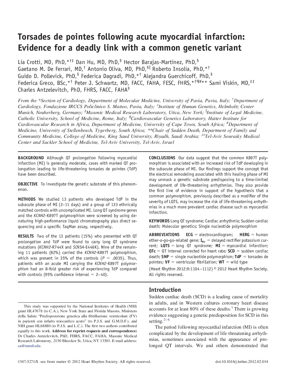 Torsades de pointes following acute myocardial infarction: Evidence for a deadly link with a common genetic variant 