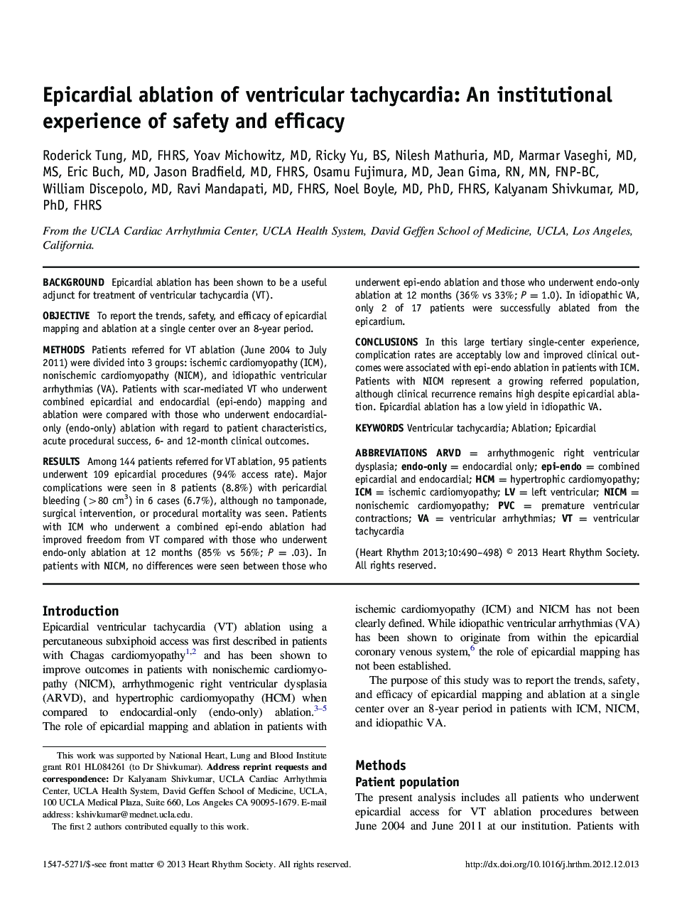 Epicardial ablation of ventricular tachycardia: An institutional experience of safety and efficacy 