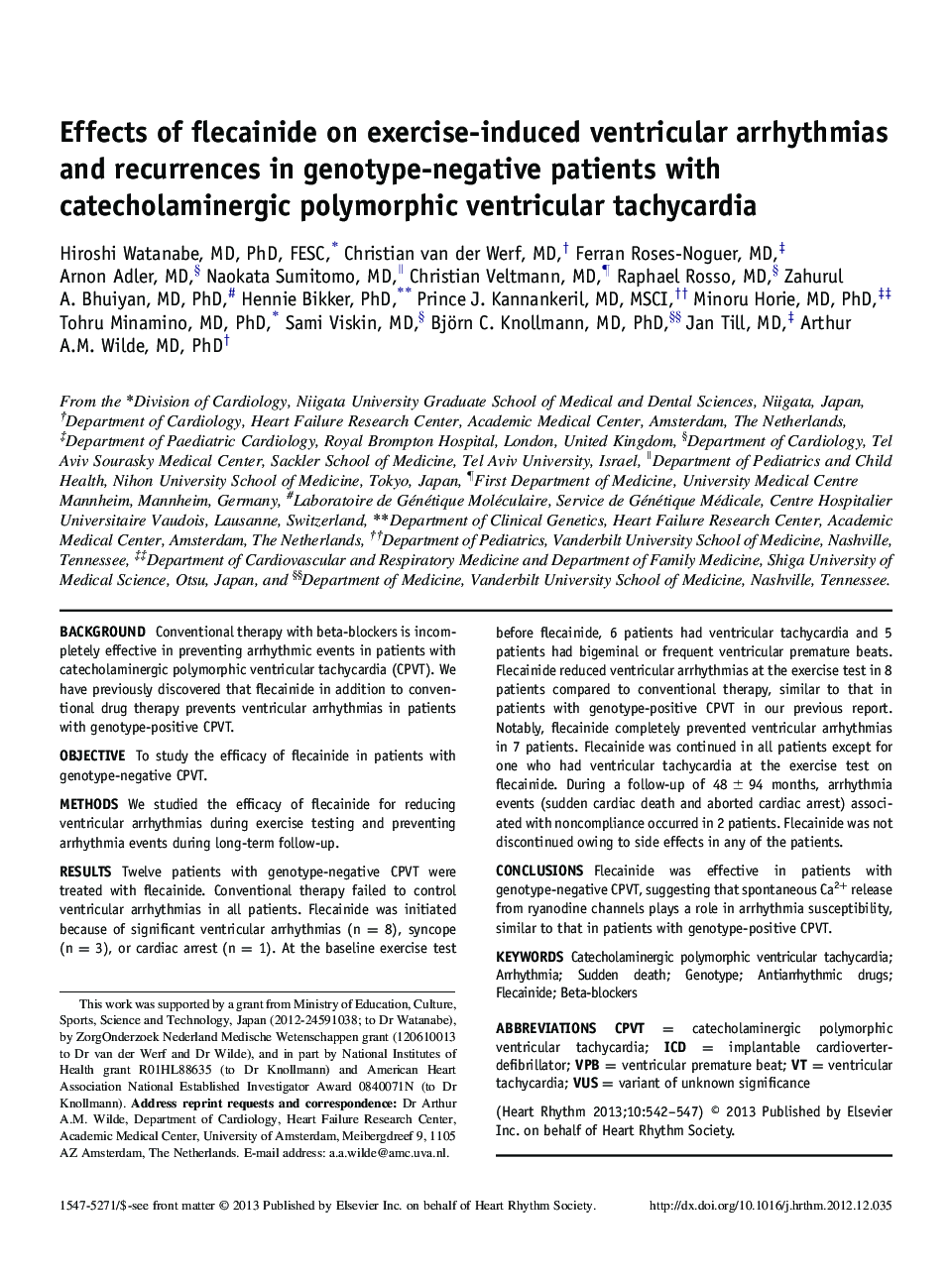 Effects of flecainide on exercise-induced ventricular arrhythmias and recurrences in genotype-negative patients with catecholaminergic polymorphic ventricular tachycardia 