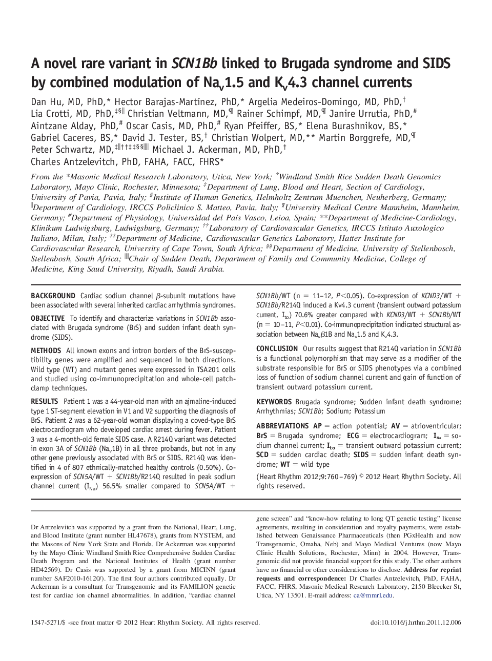 A novel rare variant in SCN1Bb linked to Brugada syndrome and SIDS by combined modulation of Nav1.5 and Kv4.3 channel currents 