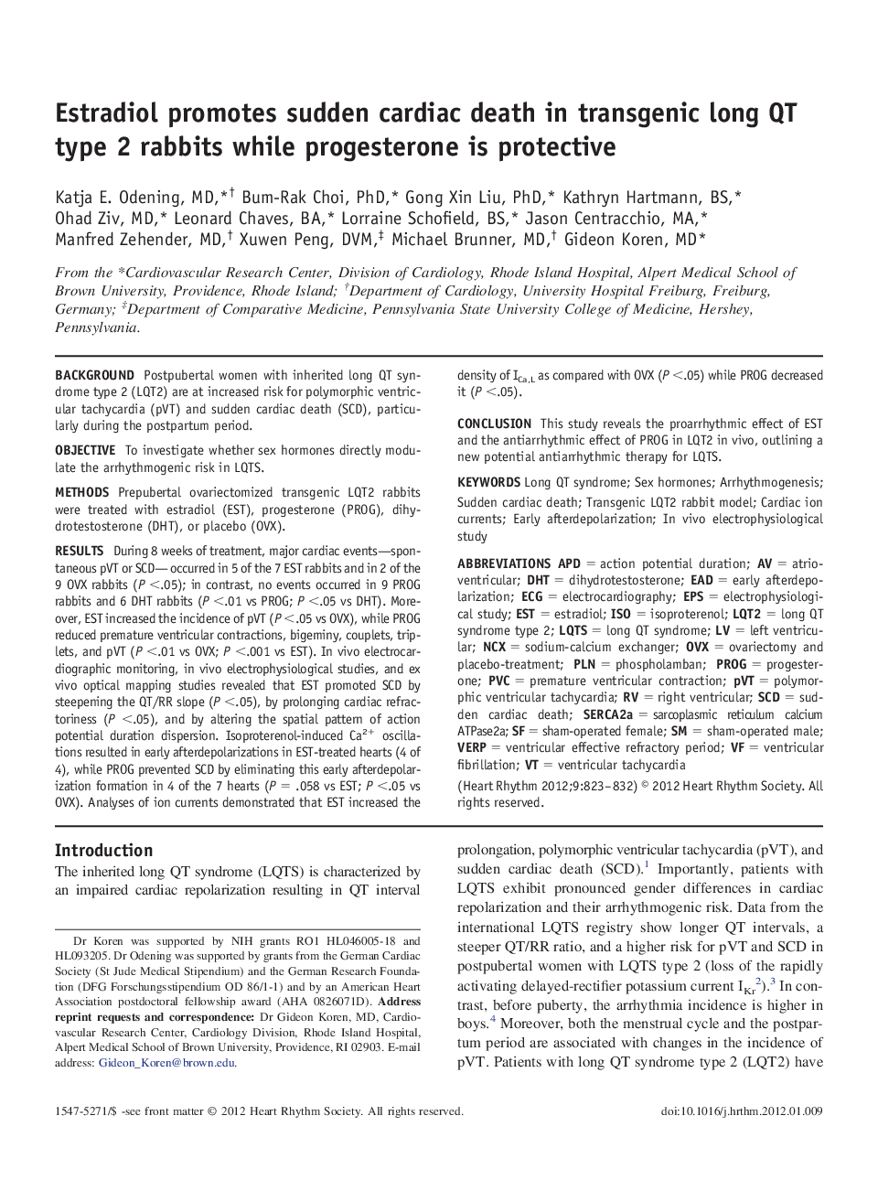 Estradiol promotes sudden cardiac death in transgenic long QT type 2 rabbits while progesterone is protective 