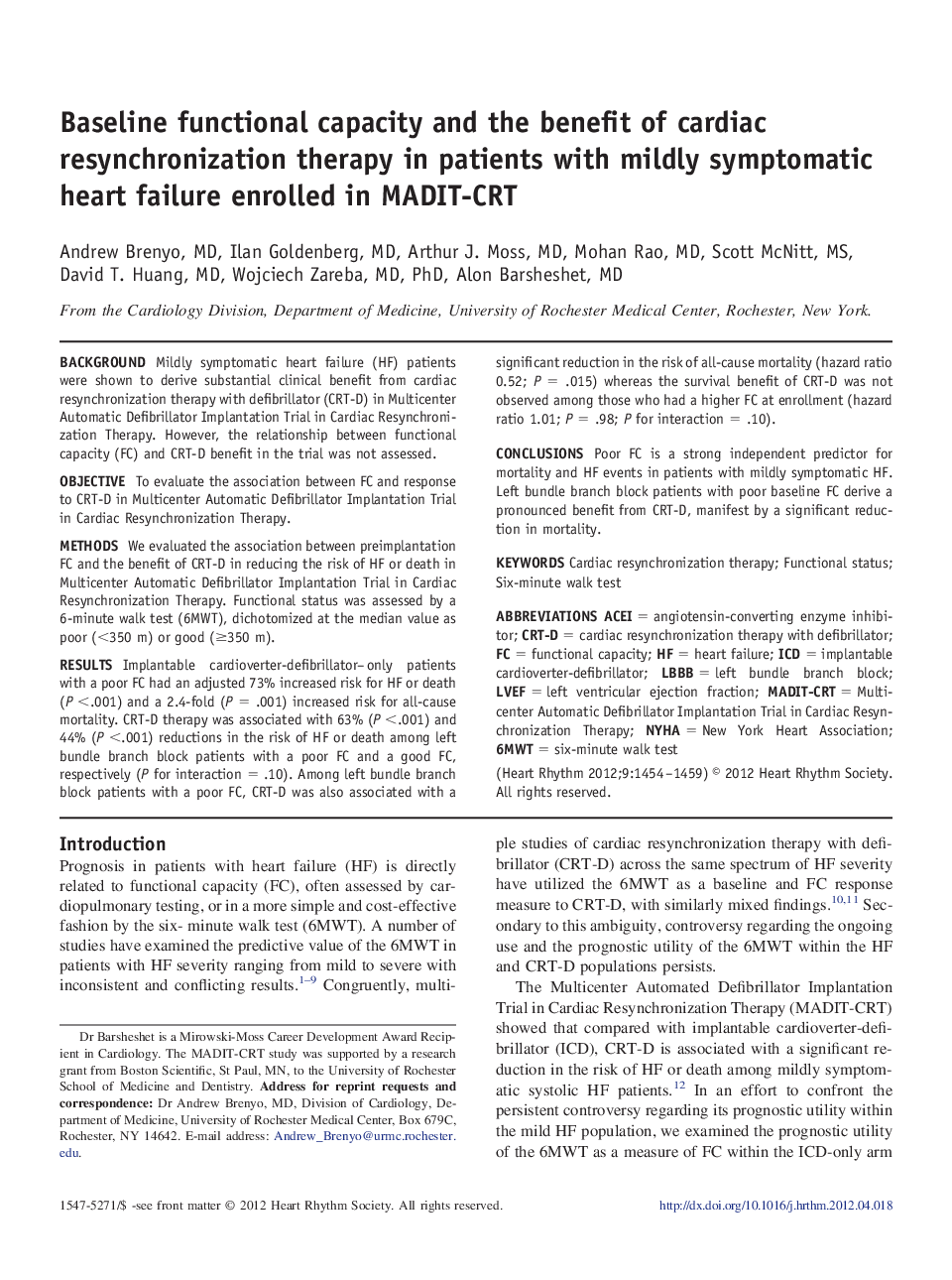 Baseline functional capacity and the benefit of cardiac resynchronization therapy in patients with mildly symptomatic heart failure enrolled in MADIT-CRT 