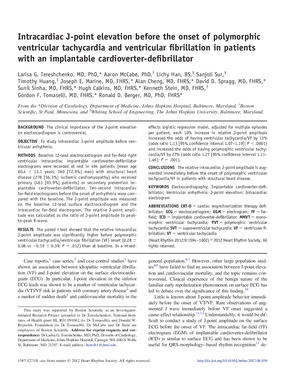 Intracardiac J-point elevation before the onset of polymorphic ventricular tachycardia and ventricular fibrillation in patients with an implantable cardioverter-defibrillator 