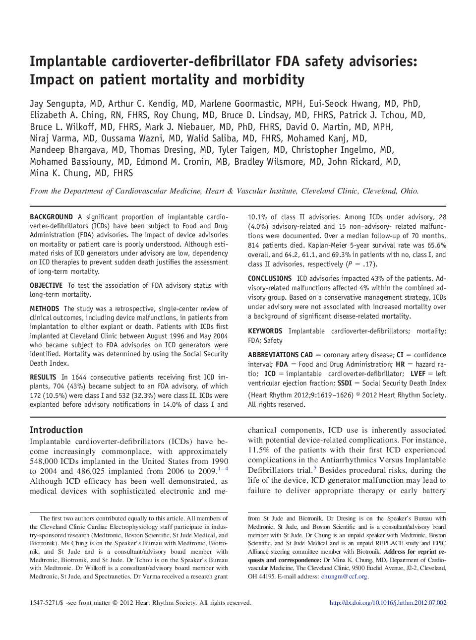 Implantable cardioverter-defibrillator FDA safety advisories: Impact on patient mortality and morbidity 