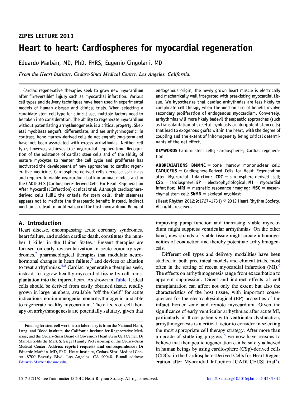 Heart to heart: Cardiospheres for myocardial regeneration 