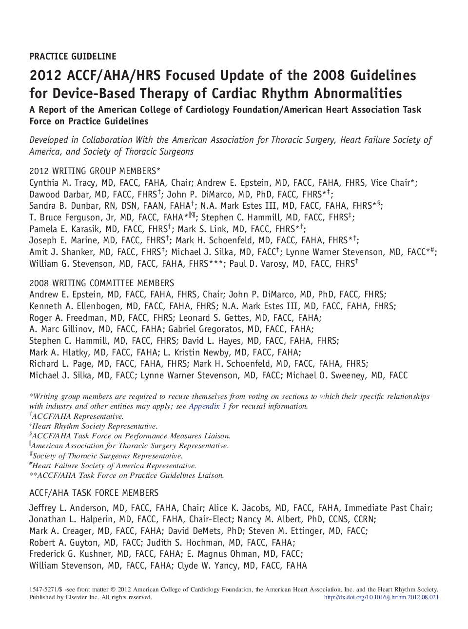 2012 ACCF/AHA/HRS Focused Update of the 2008 Guidelines for Device-Based Therapy of Cardiac Rhythm Abnormalities