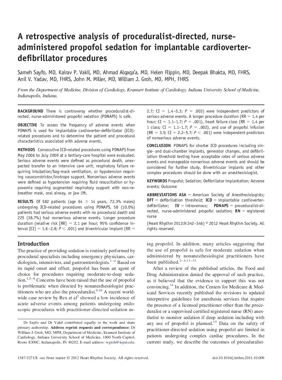 A retrospective analysis of proceduralist-directed, nurse-administered propofol sedation for implantable cardioverter-defibrillator procedures 