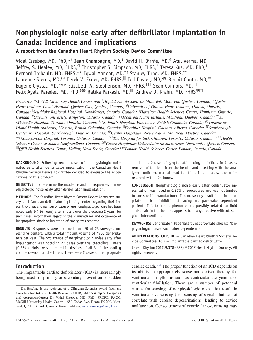 Nonphysiologic noise early after defibrillator implantation in Canada: Incidence and implications : A report from the Canadian Heart Rhythm Society Device Committee