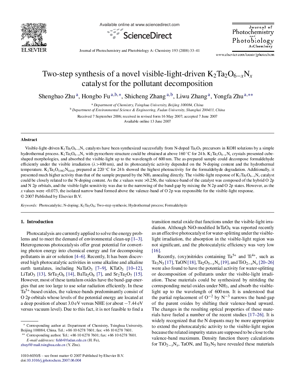 Two-step synthesis of a novel visible-light-driven K2Ta2O6−xNx catalyst for the pollutant decomposition