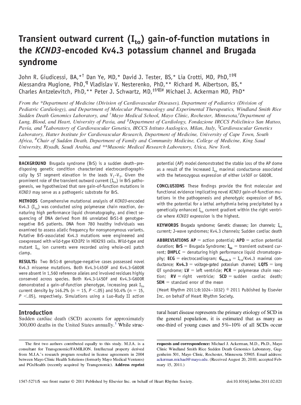 Transient outward current (Ito) gain-of-function mutations in the KCND3-encoded Kv4.3 potassium channel and Brugada syndrome 