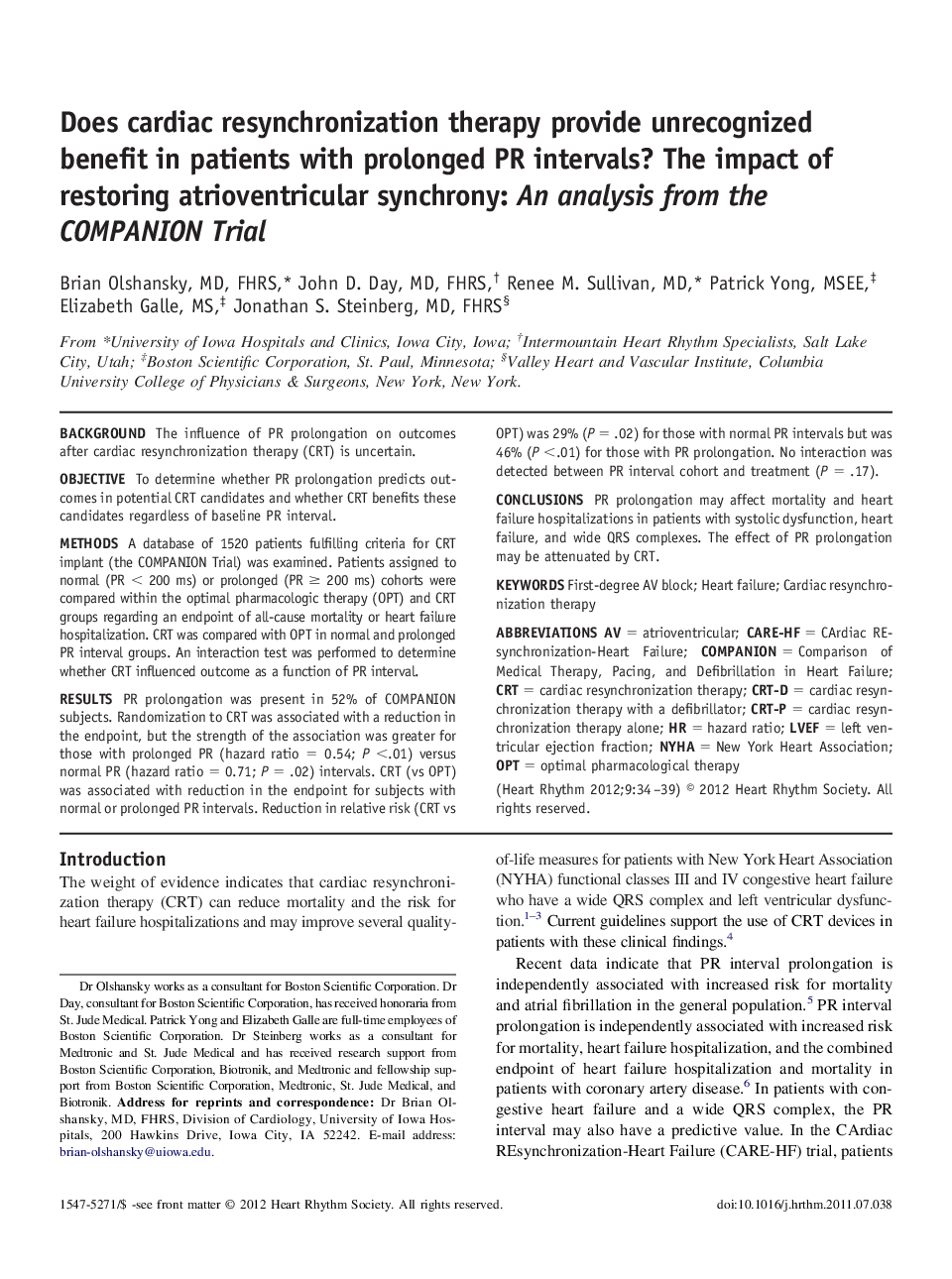 Does cardiac resynchronization therapy provide unrecognized benefit in patients with prolonged PR intervals? The impact of restoring atrioventricular synchrony: An analysis from the COMPANION Trial 