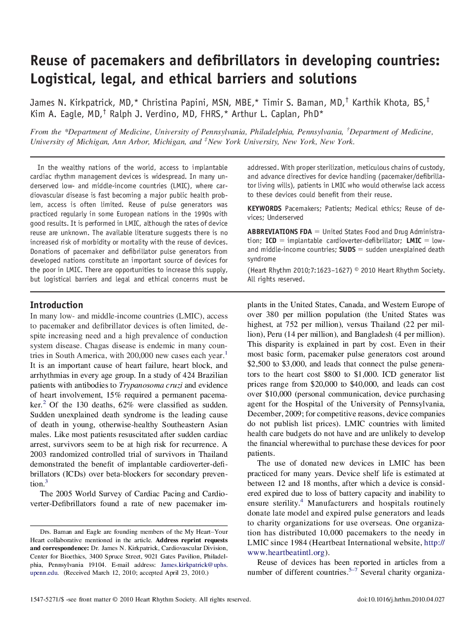 Reuse of pacemakers and defibrillators in developing countries: Logistical, legal, and ethical barriers and solutions 