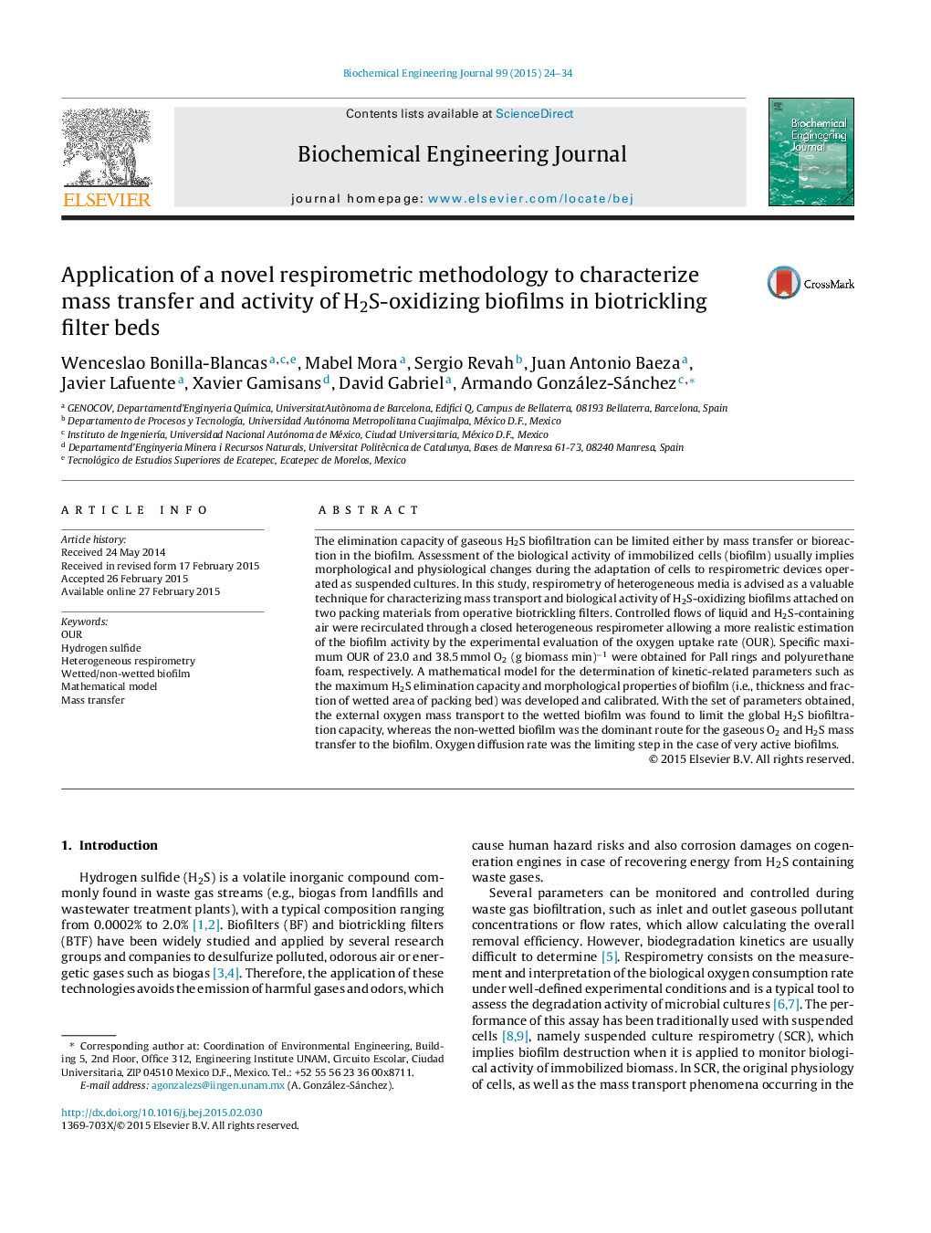 Application of a novel respirometric methodology to characterize mass transfer and activity of H2S-oxidizing biofilms in biotrickling filter beds