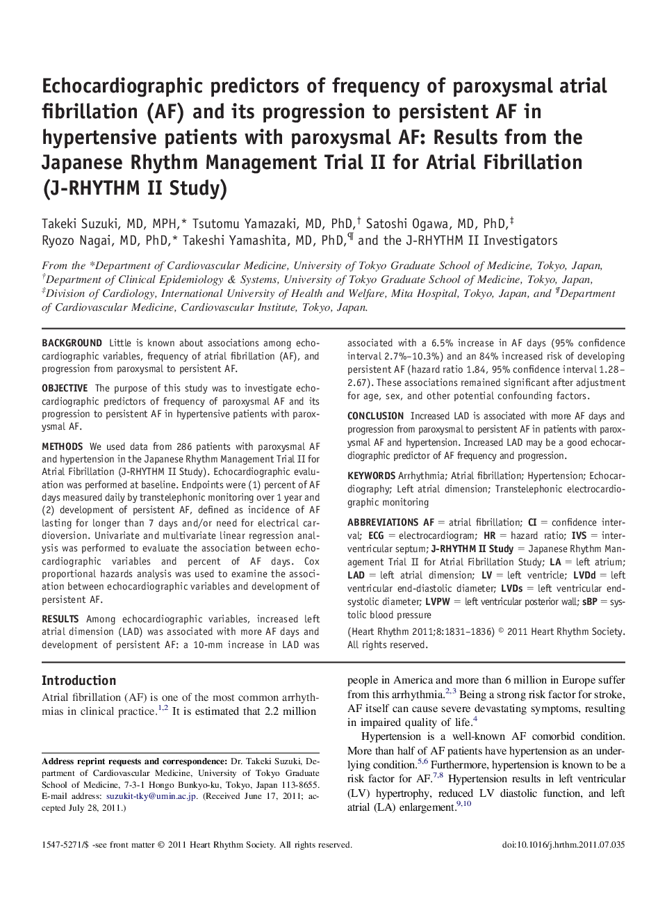 Echocardiographic predictors of frequency of paroxysmal atrial fibrillation (AF) and its progression to persistent AF in hypertensive patients with paroxysmal AF: Results from the Japanese Rhythm Management Trial II for Atrial Fibrillation (J-RHYTHM II St