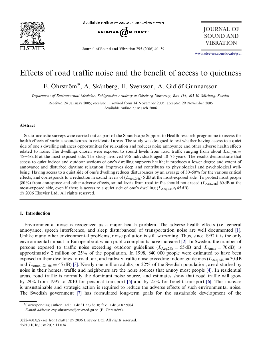 Effects of road traffic noise and the benefit of access to quietness