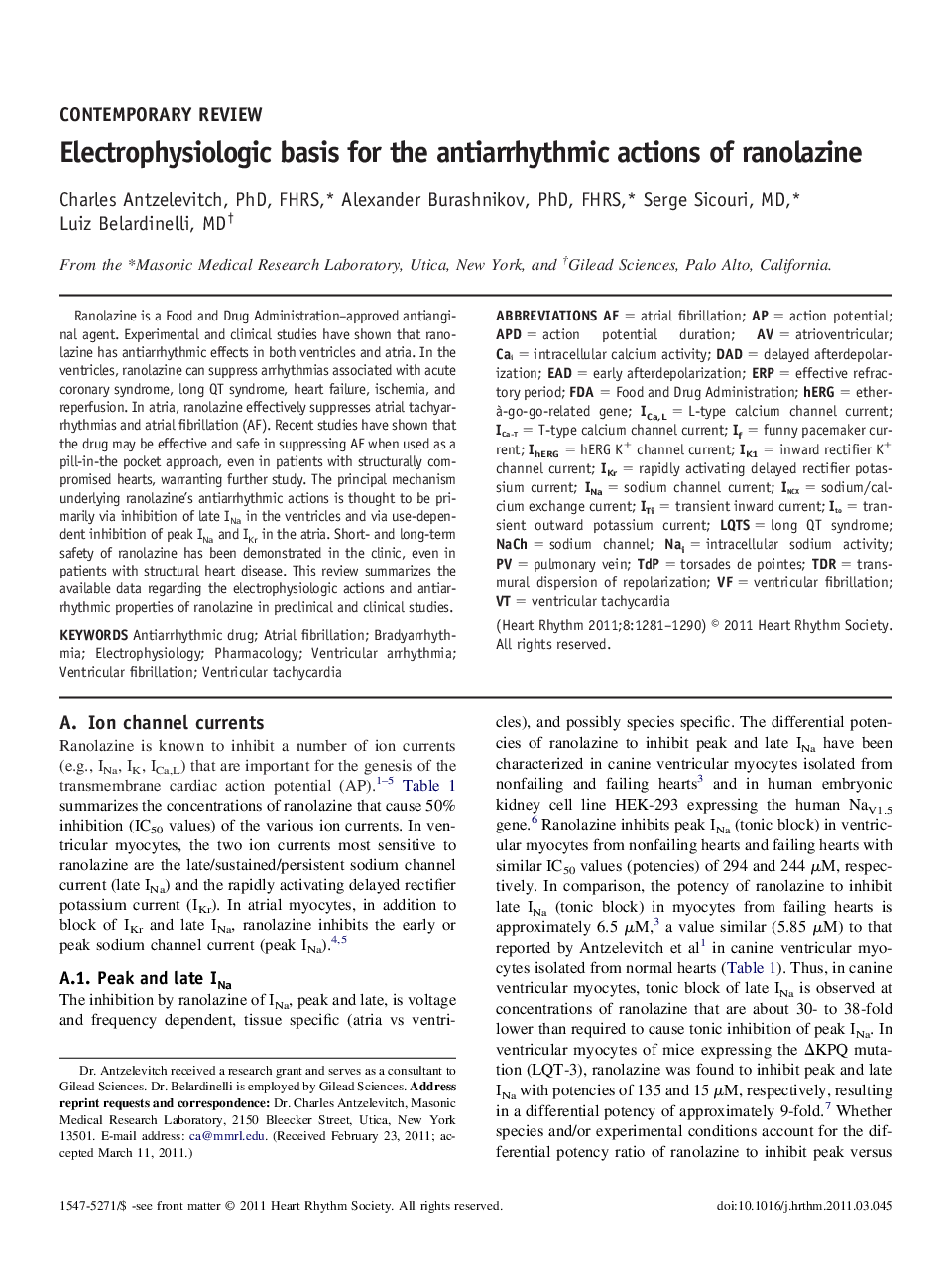 Electrophysiologic basis for the antiarrhythmic actions of ranolazine 