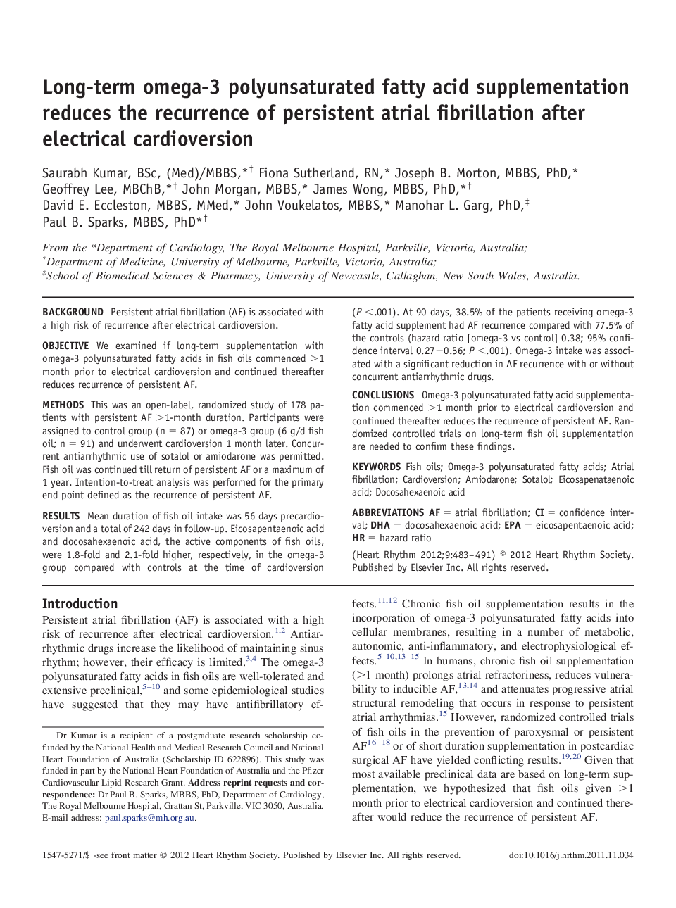 Long-term omega-3 polyunsaturated fatty acid supplementation reduces the recurrence of persistent atrial fibrillation after electrical cardioversion 