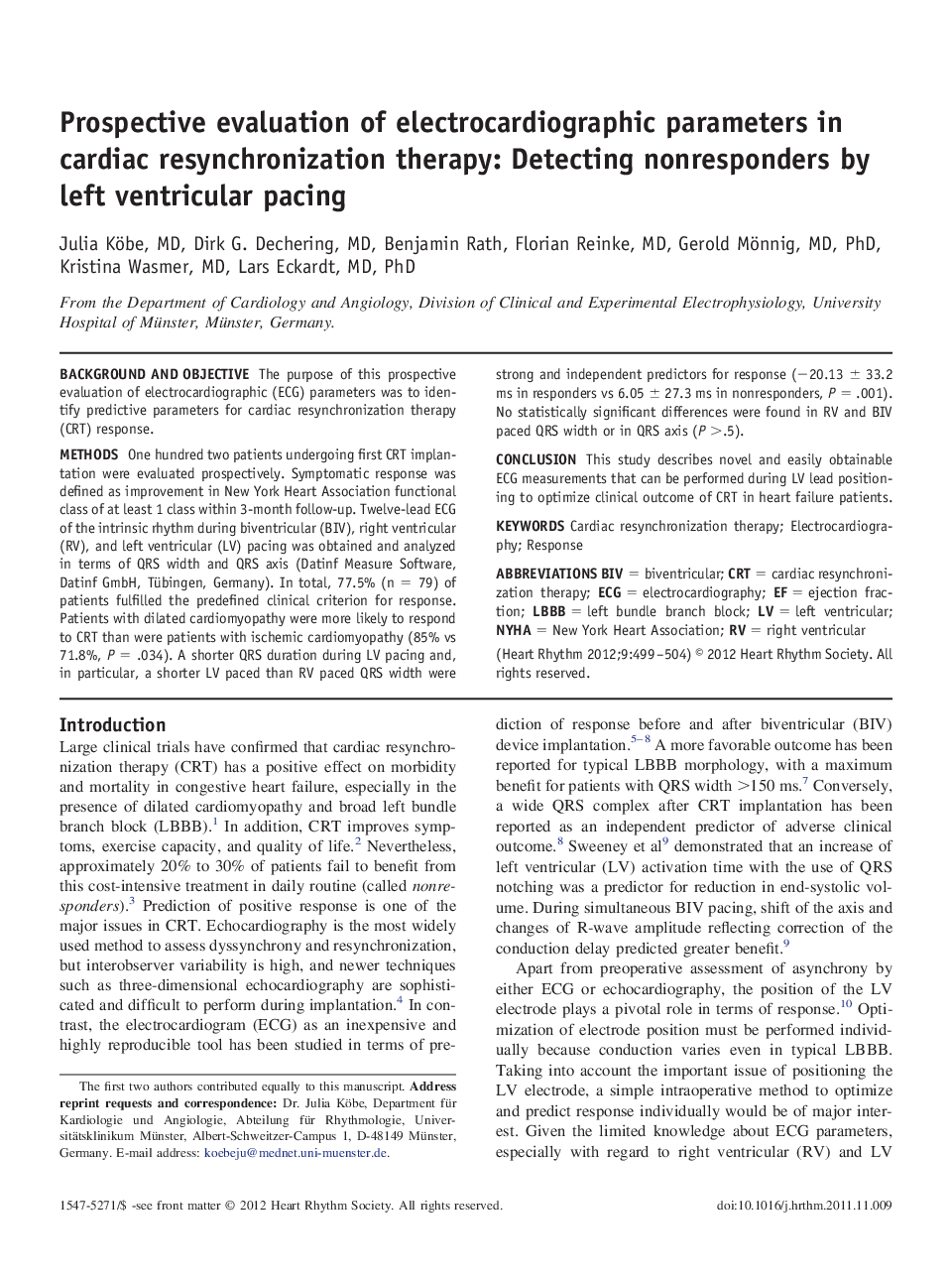 Prospective evaluation of electrocardiographic parameters in cardiac resynchronization therapy: Detecting nonresponders by left ventricular pacing 