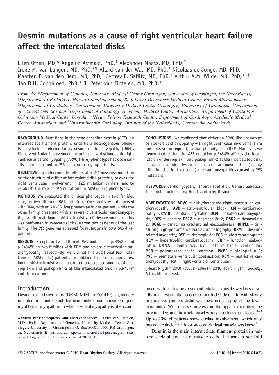 Desmin mutations as a cause of right ventricular heart failure affect the intercalated disks