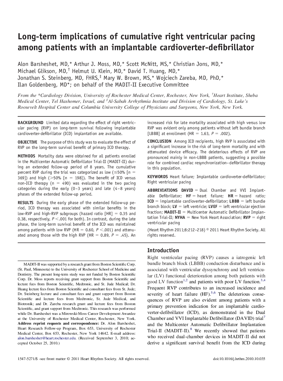 Long-term implications of cumulative right ventricular pacing among patients with an implantable cardioverter-defibrillator 