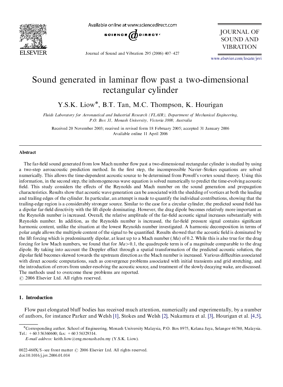 Sound generated in laminar flow past a two-dimensional rectangular cylinder