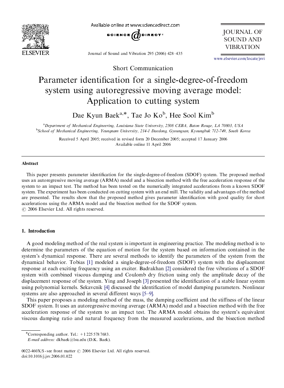 Parameter identification for a single-degree-of-freedom system using autoregressive moving average model: Application to cutting system