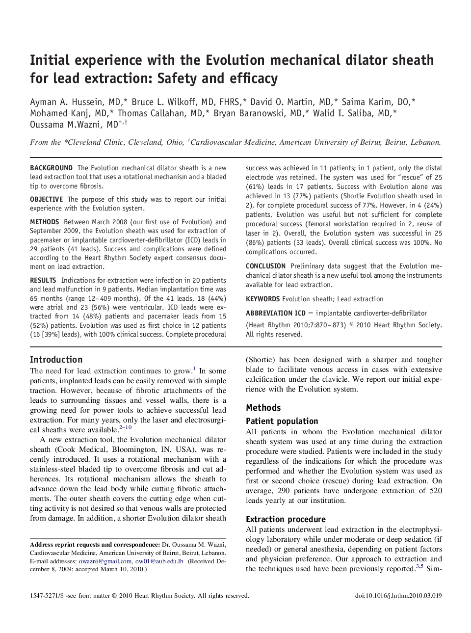 Initial experience with the Evolution mechanical dilator sheath for lead extraction: Safety and efficacy
