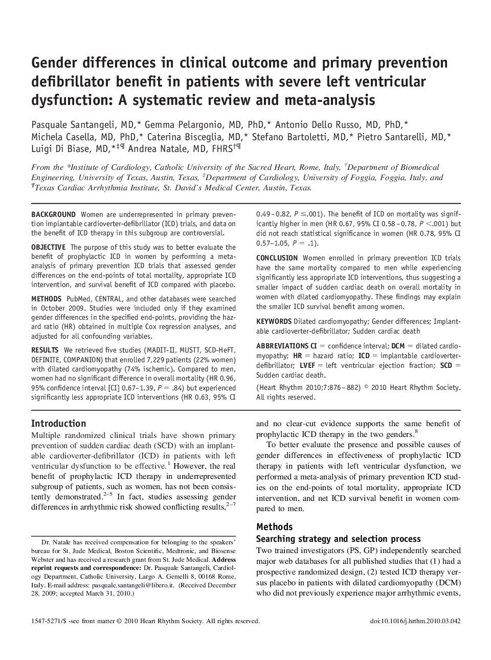 Gender differences in clinical outcome and primary prevention defibrillator benefit in patients with severe left ventricular dysfunction: A systematic review and meta-analysis 