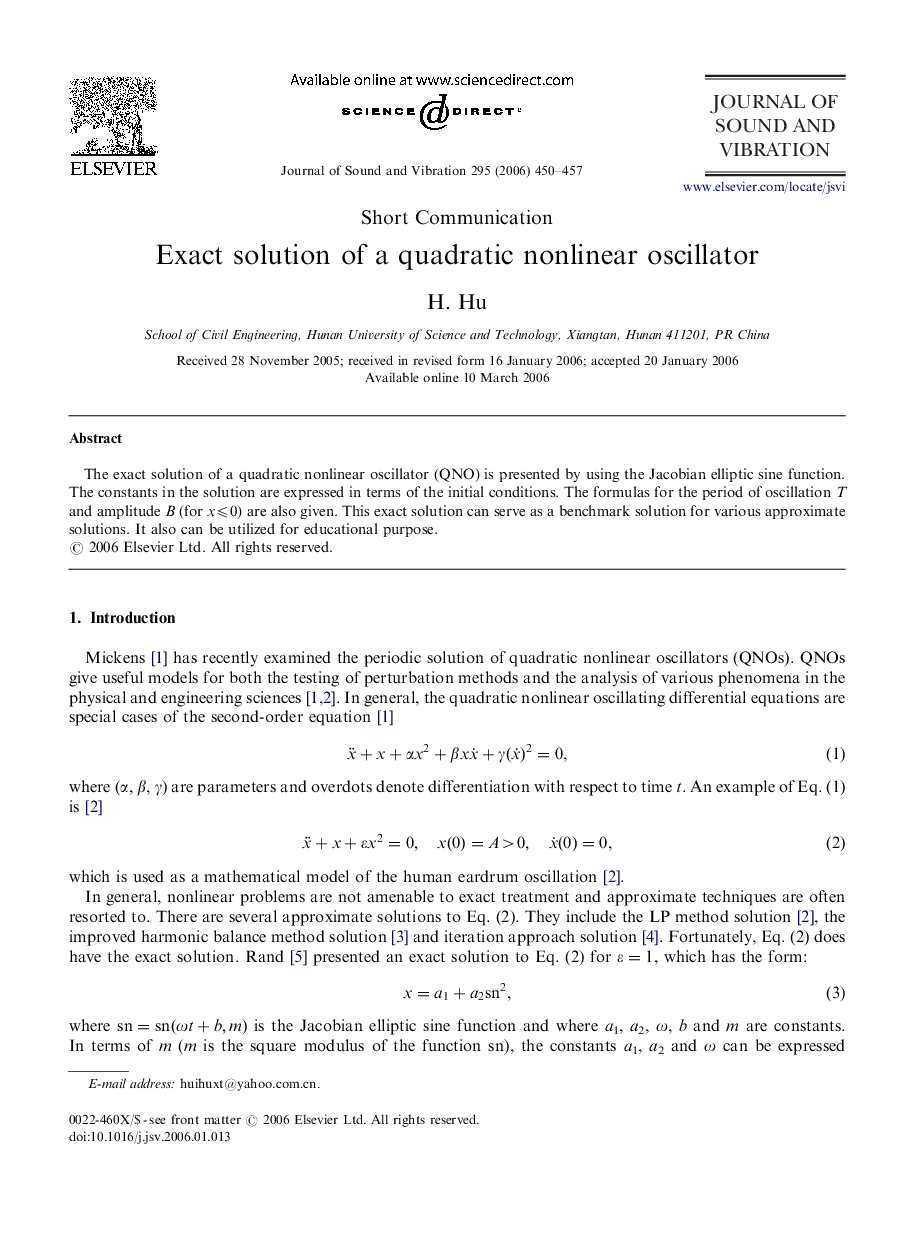 Exact solution of a quadratic nonlinear oscillator