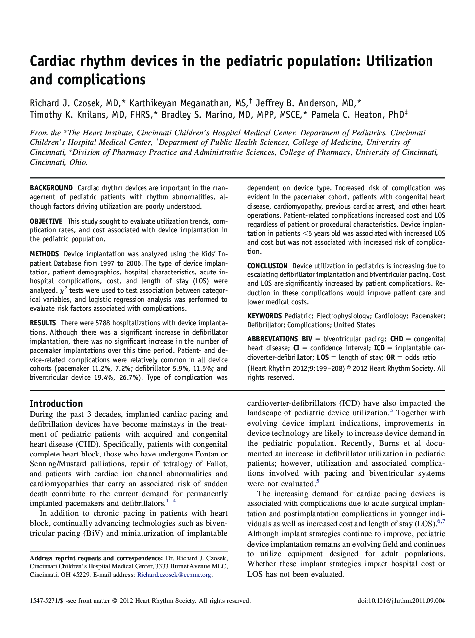 Cardiac rhythm devices in the pediatric population: Utilization and complications